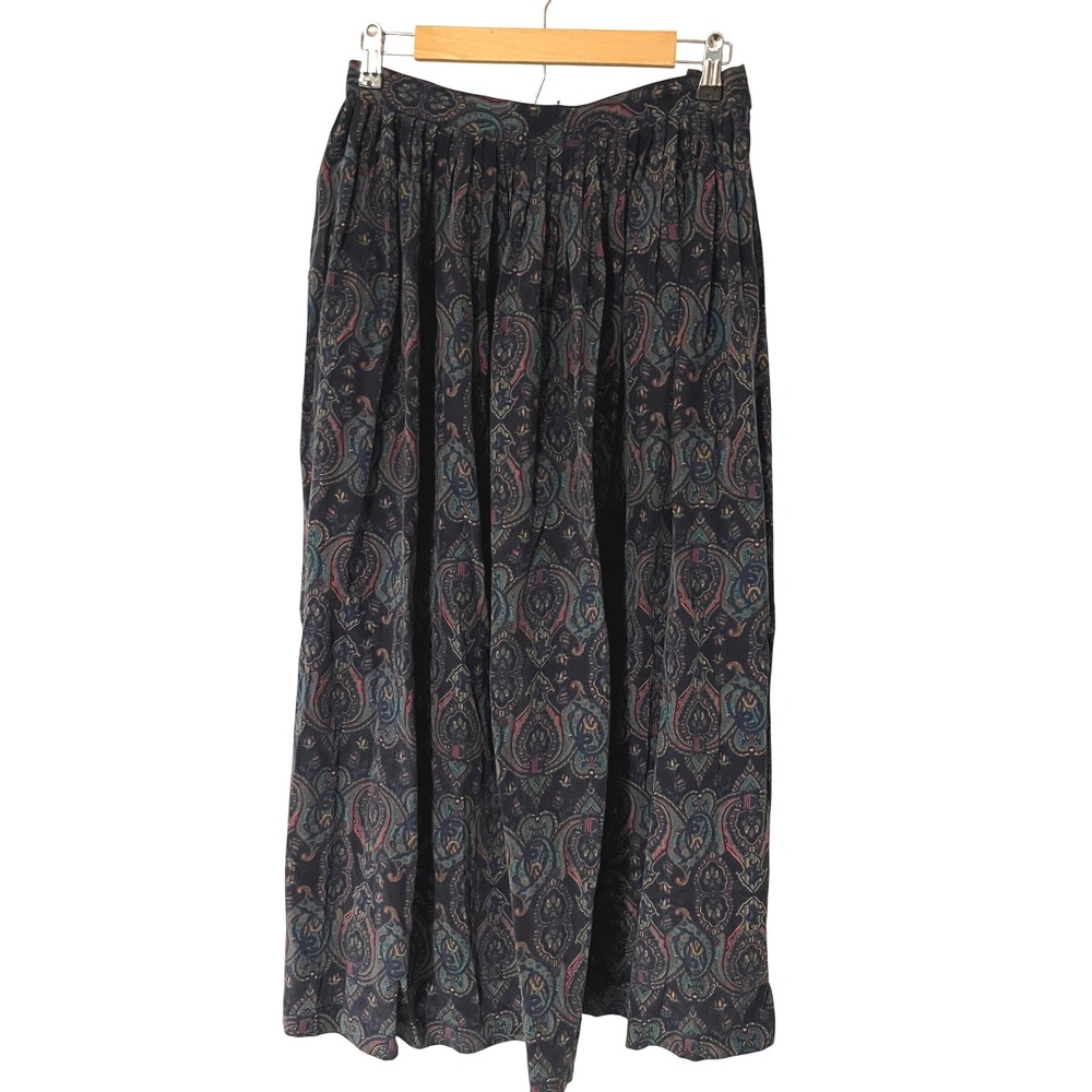 Hope Vintage 100% Silk Paisley Pleated Maxi Skirt Black Blue Multi‎ Size 10